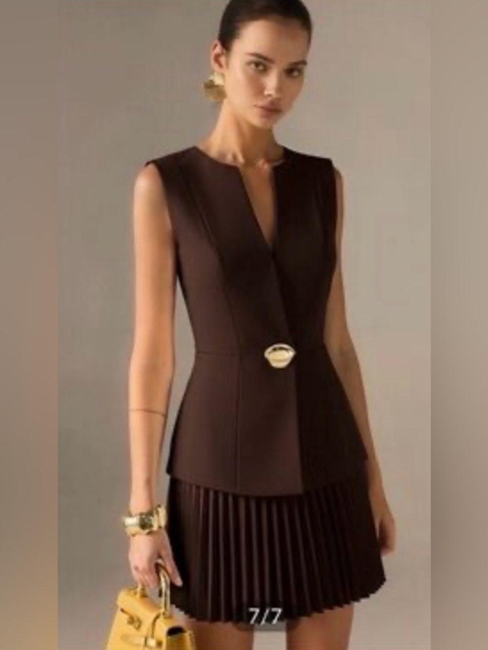 Sleeveless Brown Vest Top with attached Accordion Skirt and Gold Accent